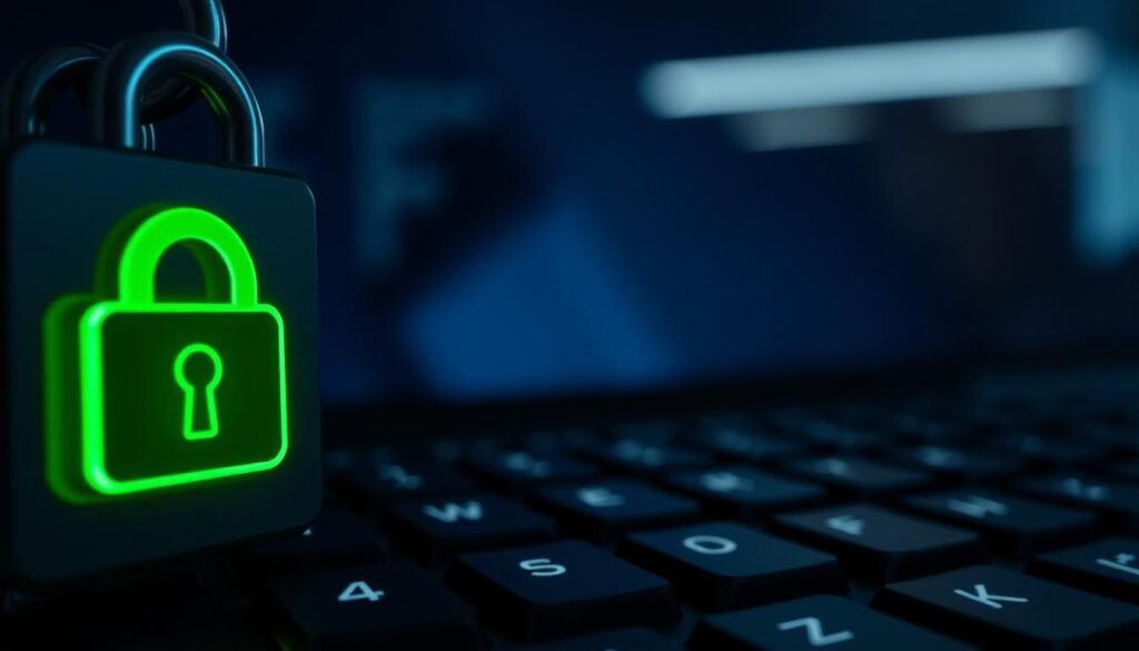 A close-up view of a digital lock with a glowing green padlock icon prominently featured in the foreground, symbolizing security concerns, while a blurred keyboard with the keys "1", "2", "3", "4", "5", and "6" can be seen in the middle ground, implying the simplicity of passwords like "123456". In the background, there is a dimly lit office environment, hinting at a typical work setting. The lighting should be soft and moody, creating a sense of urgency about online security. The focus is on the juxtaposition of simplicity in passwords versus the complex needs of digital security, evoking a contemplative atmosphere about why simple passwords are still prevalent today. A close-up view of a digital lock with a glowing green padlock icon prominently featured in the foreground, symbolizing security concerns, while a blurred keyboard with the keys "1", "2", "3", "4", "5", and "6" can be seen in the middle ground, implying the simplicity of passwords like "123456". In the background, there is a dimly lit office environment, hinting at a typical work setting. The lighting should be soft and moody, creating a sense of urgency about online security. The focus is on the juxtaposition of simplicity in passwords versus the complex needs of digital security, evoking a contemplative atmosphere about why simple passwords are still prevalent today.