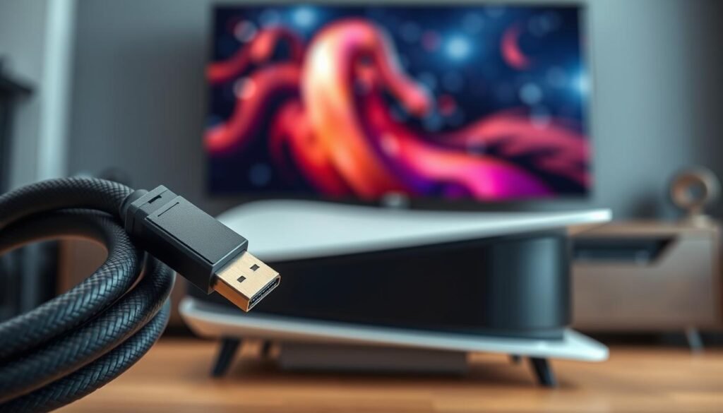 A close-up view of a high-quality HDMI cable, prominently displayed against a sleek, modern gaming console setup. The foreground features the HDMI cable coiled elegantly, with its metallic connectors glinting under soft, diffused lighting. In the middle, a PlayStation 5 console is subtly blurred, emphasizing its sleek design while retaining focus on the cable. The background includes a stylish entertainment center with a hint of a large 4K television screen, showcasing vivid colors and sharp details. The overall atmosphere is professional and tech-savvy, highlighting the importance of connectivity in achieving maximum resolution and stability in gaming. Use a shallow depth of field to create a compelling visual narrative.
