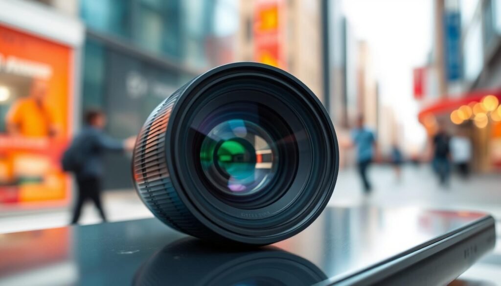 A close-up view of a high-quality smartphone camera lens, showcasing intricate details such as the multi-layered glass, reflections, and subtle lighting. The lens should be the focal point, presented on a sleek modern surface to emphasize its sophistication. In the background, gently blurred, include a vibrant urban environment hinting at everyday photography scenarios, with soft bokeh effect to draw attention to the lens. The lighting should be bright and natural, creating a sense of clarity and precision. The mood is professional and informative, reflecting the importance of lens quality in smartphone photography. No text or branding should be present in the image. A close-up view of a high-quality smartphone camera lens, showcasing intricate details such as the multi-layered glass, reflections, and subtle lighting. The lens should be the focal point, presented on a sleek modern surface to emphasize its sophistication. In the background, gently blurred, include a vibrant urban environment hinting at everyday photography scenarios, with soft bokeh effect to draw attention to the lens. The lighting should be bright and natural, creating a sense of clarity and precision. The mood is professional and informative, reflecting the importance of lens quality in smartphone photography. No text or branding should be present in the image.