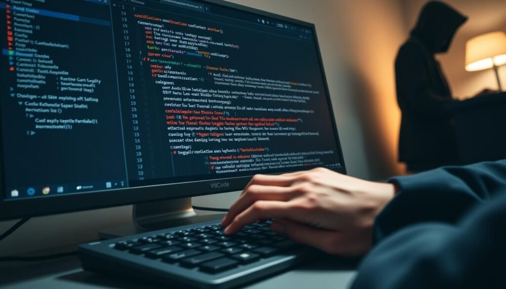 A close-up view of a modern desktop setup showing a computer screen with the VSCode interface displaying a fictional malicious extension for hacking WiFi passwords. The screen should have lines of code in a readable format, with highlighted sections indicating active performance. In the foreground, a pair of hands in a business casual outfit is typing on the keyboard, showcasing concentration and intent. The background features a faint shadowy figure, symbolizing secrecy and the hidden dangers of malicious software. Soft, moody lighting enhances the atmosphere, creating a sense of intrigue and caution. The angle of the shot should be slightly tilted to add depth and urgency to the scene, inviting viewers into the intriguing world of ethical hacking. A close-up view of a modern desktop setup showing a computer screen with the VSCode interface displaying a fictional malicious extension for hacking WiFi passwords. The screen should have lines of code in a readable format, with highlighted sections indicating active performance. In the foreground, a pair of hands in a business casual outfit is typing on the keyboard, showcasing concentration and intent. The background features a faint shadowy figure, symbolizing secrecy and the hidden dangers of malicious software. Soft, moody lighting enhances the atmosphere, creating a sense of intrigue and caution. The angle of the shot should be slightly tilted to add depth and urgency to the scene, inviting viewers into the intriguing world of ethical hacking.