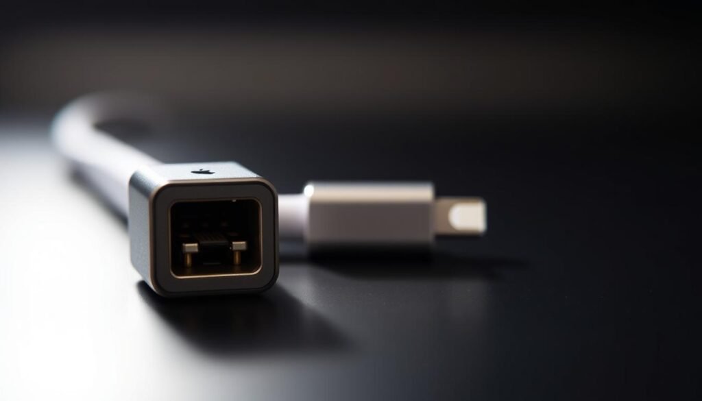 A close-up view of a modern iPhone connector, showing the contrast between the classic 30-pin connector and the sleek Lightning port. In the foreground, focus on the Lightning port gleaming under soft, diffused lighting, highlighting its sleek design and metallic finish. In the middle ground, place a representation of the old 30-pin connector, slightly blurred, evoking a sense of nostalgia. The background should feature a subtle gradient blending from dark to light, symbolizing the evolution of technology. The overall atmosphere should convey a feeling of reflection and change, with a hint of modernity and sophistication. The image should be clear, with a professional and polished look, suitable for an article on technological transitions.