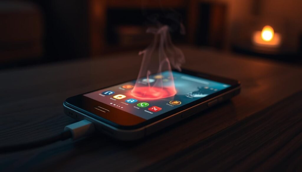 A close-up view of a smartphone displaying a game on its screen, with visible signs of overheating such as a red-hot display and melting app icons. The device is plugged into a charger, with smoke subtly rising from it. The foreground features the smartphone prominently, while the middle includes a textured surface like a wooden table to ground the scene. The background is softly blurred, with a hint of a cozy room atmosphere, dimly lit to enhance the glowing heat from the device. Use a warm color palette to convey the intensity and urgency of overheating. The angle is slightly tilted to showcase both the device and the dramatic effects of heat, capturing a sense of concern about gaming while charging. A close-up view of a smartphone displaying a game on its screen, with visible signs of overheating such as a red-hot display and melting app icons. The device is plugged into a charger, with smoke subtly rising from it. The foreground features the smartphone prominently, while the middle includes a textured surface like a wooden table to ground the scene. The background is softly blurred, with a hint of a cozy room atmosphere, dimly lit to enhance the glowing heat from the device. Use a warm color palette to convey the intensity and urgency of overheating. The angle is slightly tilted to showcase both the device and the dramatic effects of heat, capturing a sense of concern about gaming while charging.