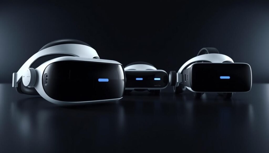 A detailed comparison of virtual reality headsets showcasing the upcoming Apple Vision Pro 2 alongside its main competitors. In the foreground, depict the Apple Vision Pro 2 headset with sleek design and advanced features, illuminated by a soft spotlight to highlight its premium finish. In the middle ground, show two competitor headsets, such as Meta Quest and HTC Vive, positioned at equal distance to emphasize comparison. Use a dark, gradient background that enhances the futuristic feel of the scene, with subtle light reflections to add depth. The image should convey a sense of innovation and competition, with a clean and professional atmosphere, using a high-angle perspective to capture the entire composition effectively. Ensure no people are present in the image for a clear focus on the headsets.