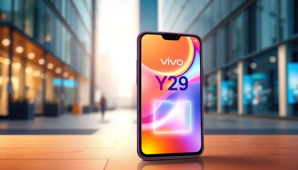 A detailed illustration of the Vivo Y29 smartphone prominently displayed in the foreground, showcasing its sleek design and vibrant colors. The device should be angled slightly to highlight its features, particularly the large 6500mAh battery symbolically represented as a glowing element. The background features a blurred, modern urban environment to evoke a sense of technology and innovation, with soft natural lighting creating a warm and inviting atmosphere. Include subtle reflections and highlights on the phone's screen to emphasize its quality. Capture the mood of affordability and accessibility, making it appealing to entry-level users, without any text or overlays in the image.