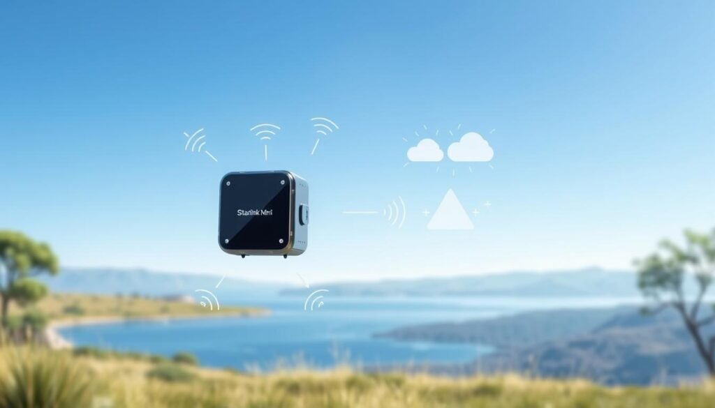 A detailed illustration showcasing the advantages and disadvantages of the Starlink Mini satellite in a visually engaging way. In the foreground, display the Starlink Mini satellite, resembling a sleek, modern device roughly the size of a dining table, with glossy finishes and subtle reflective surfaces. In the middle ground, depict visual symbols representing speed and connectivity, such as fast motion lines and Wi-Fi signals emanating from the satellite. In contrast, illustrate potential drawbacks, like low signal areas or cloudy weather, with muted colors. The background should consist of a serene outdoor landscape with a clear blue sky transitioning to a slightly overcast area, reflecting both the technology's promise and limitations. Soft lighting enhances the scene's clarity, creating an informative yet inviting atmosphere. A detailed illustration showcasing the advantages and disadvantages of the Starlink Mini satellite in a visually engaging way. In the foreground, display the Starlink Mini satellite, resembling a sleek, modern device roughly the size of a dining table, with glossy finishes and subtle reflective surfaces. In the middle ground, depict visual symbols representing speed and connectivity, such as fast motion lines and Wi-Fi signals emanating from the satellite. In contrast, illustrate potential drawbacks, like low signal areas or cloudy weather, with muted colors. The background should consist of a serene outdoor landscape with a clear blue sky transitioning to a slightly overcast area, reflecting both the technology's promise and limitations. Soft lighting enhances the scene's clarity, creating an informative yet inviting atmosphere.