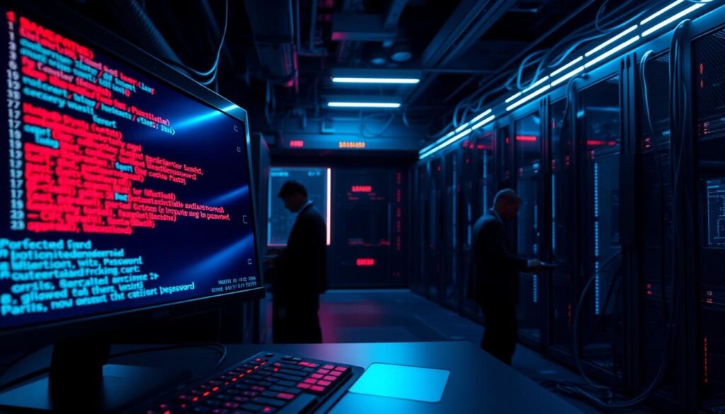 A digital landscape illustrating a brute force password attack, showcasing an abstract representation of vulnerabilities in weak passwords. In the foreground, a computer screen with cascading code and red warning messages displays a hacking simulation. In the middle ground, shadowy figures in professional business attire work diligently at their computers, illustrating the urgency of cybersecurity. The background features a dark, moody server room with blinking lights and tangled cables, evoking a sense of danger. The scene is illuminated by a cold, blue light, enhancing the tech-savvy atmosphere. Capture the tension and urgency of protecting sensitive data, emphasizing the risk of using simple passwords like "123456." A digital landscape illustrating a brute force password attack, showcasing an abstract representation of vulnerabilities in weak passwords. In the foreground, a computer screen with cascading code and red warning messages displays a hacking simulation. In the middle ground, shadowy figures in professional business attire work diligently at their computers, illustrating the urgency of cybersecurity. The background features a dark, moody server room with blinking lights and tangled cables, evoking a sense of danger. The scene is illuminated by a cold, blue light, enhancing the tech-savvy atmosphere. Capture the tension and urgency of protecting sensitive data, emphasizing the risk of using simple passwords like "123456."