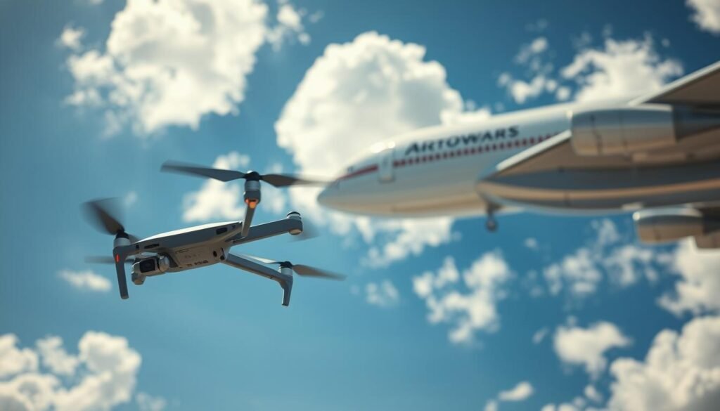 A dramatic scene depicting a near-collision between a drone and a commercial airplane in the sky. In the foreground, a sleek drone, equipped with sensors and propellers, hovers dangerously close to the wing of a large passenger aircraft, illustrating the tension of the moment. The middle ground features the airplane, with its fuselage gleaming in the sunlight, capturing the scale difference between the two flying machines. In the background, a vibrant blue sky scattered with fluffy white clouds enhances the contrast. The lighting is bright, creating a sense of urgency and emphasizing the potential danger of airspace intrusion by drones. The overall mood conveys tension and the seriousness of airborne safety concerns. A dramatic scene depicting a near-collision between a drone and a commercial airplane in the sky. In the foreground, a sleek drone, equipped with sensors and propellers, hovers dangerously close to the wing of a large passenger aircraft, illustrating the tension of the moment. The middle ground features the airplane, with its fuselage gleaming in the sunlight, capturing the scale difference between the two flying machines. In the background, a vibrant blue sky scattered with fluffy white clouds enhances the contrast. The lighting is bright, creating a sense of urgency and emphasizing the potential danger of airspace intrusion by drones. The overall mood conveys tension and the seriousness of airborne safety concerns.
