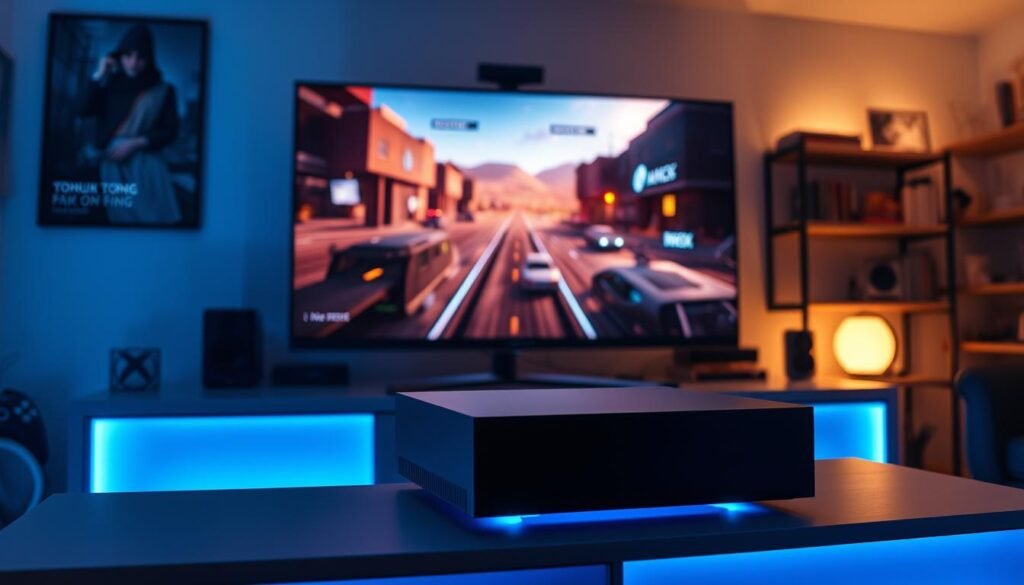 A dynamic scene showcasing the advanced ray tracing capabilities of the Xbox Series, featuring a high-end gaming setup. In the foreground, a sleek Xbox Series X console sits on a modern entertainment unit, illuminated by soft blue ambient lighting to create a high-tech feel. The middle of the image is filled with a high-resolution gaming monitor displaying a stunning, visually rich game scene, with realistic reflections and shadows that highlight the power of ray tracing technology. The background features a cozy gaming room with shelves of games and tech, adding depth to the atmosphere. The overall mood is immersive and exciting, capturing the essence of next-gen gaming with a focus on cutting-edge graphics and performance.