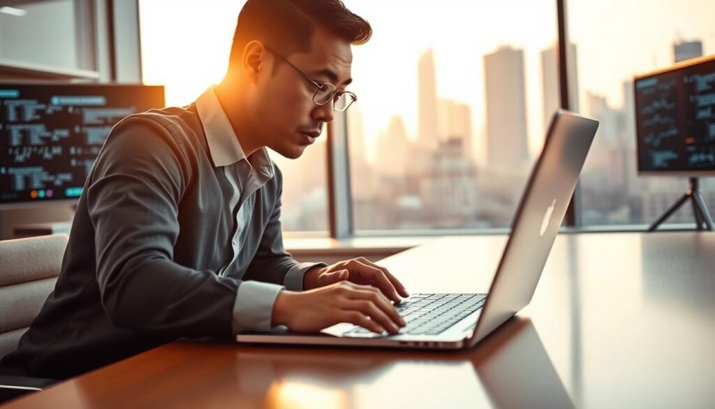 A futuristic office setting, with a sleek desk featuring a high-end laptop displaying complex mathematical equations. In the foreground, a focused professional in smart casual attire, a middle-aged Asian man, is intently studying the screen, his brow slightly furrowed in concentration. The middle ground shows a large window revealing a city skyline bathed in warm afternoon sunlight, casting a gentle glow across the room. In the background, high-tech elements like digital screens and AI interfaces can be seen, emphasizing the theme of AI capabilities. The atmosphere is one of curiosity and intrigue, highlighting the unexpected success of AI in simple calculations. The lighting is soft yet illuminating, creating a comfortable yet professional environment. A futuristic office setting, with a sleek desk featuring a high-end laptop displaying complex mathematical equations. In the foreground, a focused professional in smart casual attire, a middle-aged Asian man, is intently studying the screen, his brow slightly furrowed in concentration. The middle ground shows a large window revealing a city skyline bathed in warm afternoon sunlight, casting a gentle glow across the room. In the background, high-tech elements like digital screens and AI interfaces can be seen, emphasizing the theme of AI capabilities. The atmosphere is one of curiosity and intrigue, highlighting the unexpected success of AI in simple calculations. The lighting is soft yet illuminating, creating a comfortable yet professional environment.