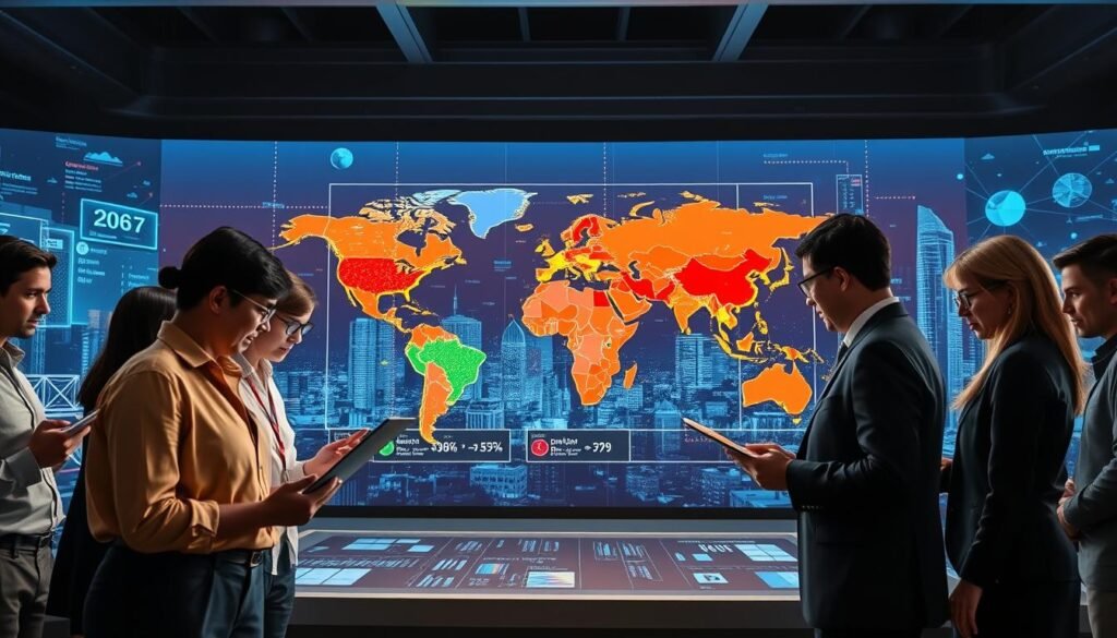 A global internet usage trend visualization. In the foreground, a diverse group of people in professional business attire and modest casual clothing, including individuals of various ethnicities, analyzing data on digital devices like laptops and tablets, representing collaboration and engagement. In the middle ground, a large world map illustrating internet usage statistics with highlighted regions showing data density and user engagement, using vibrant colors to indicate variations in usage. The background features a futuristic city skyline and digital screens displaying abstract data flows, creating a sense of a connected world. The scene is bathed in bright, optimistic lighting, symbolizing growth and innovation, viewed from a medium angle to emphasize depth and context. The atmosphere conveys a sense of advancement and collective progress in digital connectivity. A global internet usage trend visualization. In the foreground, a diverse group of people in professional business attire and modest casual clothing, including individuals of various ethnicities, analyzing data on digital devices like laptops and tablets, representing collaboration and engagement. In the middle ground, a large world map illustrating internet usage statistics with highlighted regions showing data density and user engagement, using vibrant colors to indicate variations in usage. The background features a futuristic city skyline and digital screens displaying abstract data flows, creating a sense of a connected world. The scene is bathed in bright, optimistic lighting, symbolizing growth and innovation, viewed from a medium angle to emphasize depth and context. The atmosphere conveys a sense of advancement and collective progress in digital connectivity.