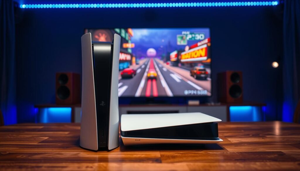 A high-definition image of a PlayStation 5 console prominently displayed in a modern gaming setup. In the foreground, the sleek, white and black PS5 stands out against a polished wooden table. In the middle, the console is accompanied by a vibrant 4K television showcasing a colorful gameplay scene from a PS2 game that highlights graphics improvements. In the background, dim ambient lighting creates a cozy gaming atmosphere with soft blue LED lights accentuating the setup. The mood is dynamic and engaging, evoking excitement around gaming experiences. A shallow depth of field focuses on the PS5 while softly blurring the background elements, emphasizing the cutting-edge technology.