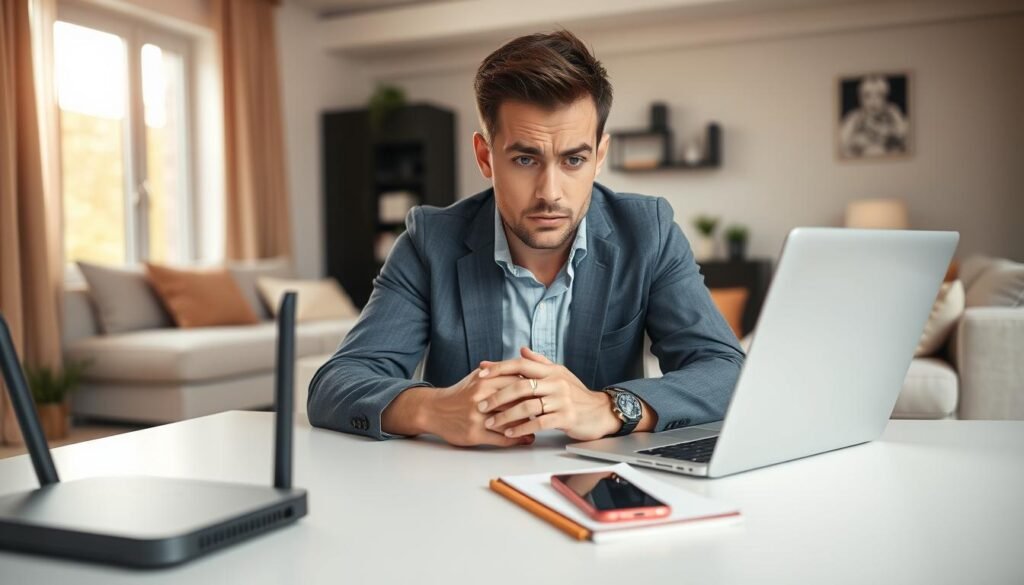 A modern home office scene showcasing a frustrated professional looking at a laptop with a strong WiFi signal indicator on the screen, yet the connection is slow. In the foreground, the individual, dressed in smart casual attire, is surrounded by wireless devices like a router and a smartphone, expressing frustration. The middle ground features a sleek, minimalist desk with a notepad and coffee cup, emphasizing the work environment. The background shows a cozy living space with soft natural light flooding through a window, creating an inviting atmosphere. The overall mood conveys a sense of urgency and the need for practical solutions to enhance WiFi performance. Focus the image using a warm tone with soft shadows for a balanced look. A modern home office scene showcasing a frustrated professional looking at a laptop with a strong WiFi signal indicator on the screen, yet the connection is slow. In the foreground, the individual, dressed in smart casual attire, is surrounded by wireless devices like a router and a smartphone, expressing frustration. The middle ground features a sleek, minimalist desk with a notepad and coffee cup, emphasizing the work environment. The background shows a cozy living space with soft natural light flooding through a window, creating an inviting atmosphere. The overall mood conveys a sense of urgency and the need for practical solutions to enhance WiFi performance. Focus the image using a warm tone with soft shadows for a balanced look.