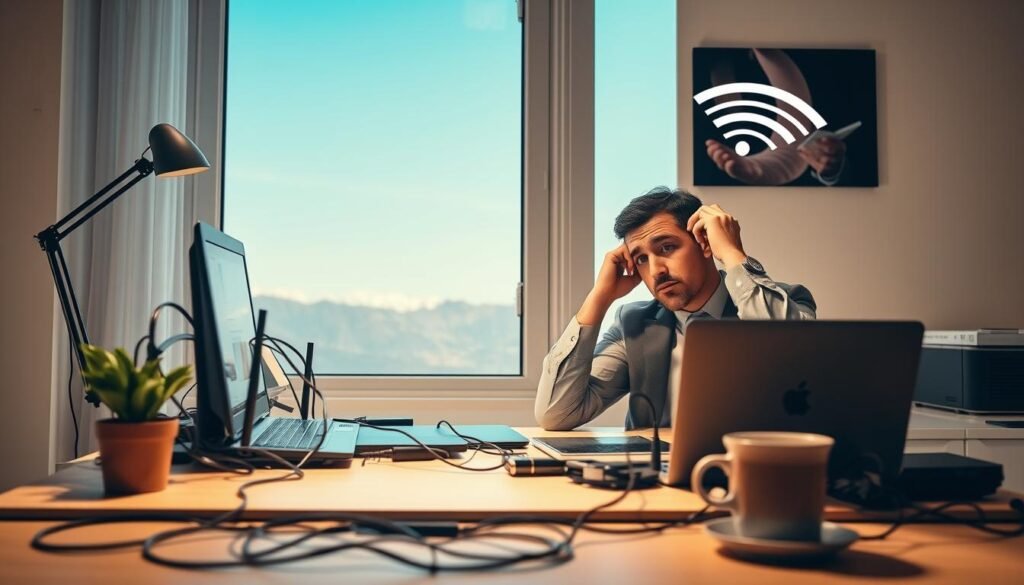 A modern home office setting, showcasing a frustrated person in professional attire, seated at a sleek desk cluttered with electronics like a router and laptop. The person appears confused, looking at the laptop screen displaying a buffering symbol. Soft, diffused lighting casts a warm glow over the scene, emphasizing the mood of frustration and confusion. In the background, a window reveals a clear blue sky, contrasting the indoor chaos of tangled wires and a signal bar showing full strength. The composition features depth, with foreground elements like a potted plant and coffee cup, while the desk gives a sense of realism. The overall atmosphere highlights the irony of weak Wi-Fi despite the strong signal. A modern home office setting, showcasing a frustrated person in professional attire, seated at a sleek desk cluttered with electronics like a router and laptop. The person appears confused, looking at the laptop screen displaying a buffering symbol. Soft, diffused lighting casts a warm glow over the scene, emphasizing the mood of frustration and confusion. In the background, a window reveals a clear blue sky, contrasting the indoor chaos of tangled wires and a signal bar showing full strength. The composition features depth, with foreground elements like a potted plant and coffee cup, while the desk gives a sense of realism. The overall atmosphere highlights the irony of weak Wi-Fi despite the strong signal.