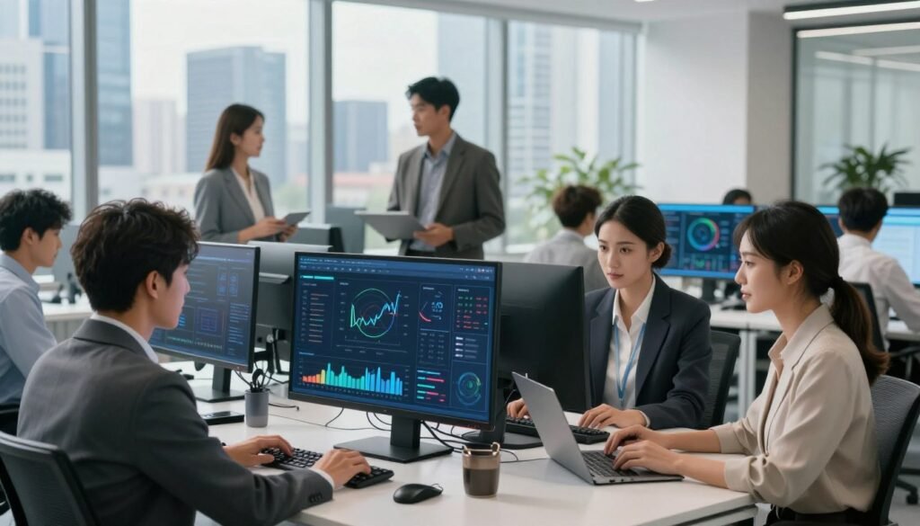 A modern office environment showcasing a sophisticated AI agent development scale. In the foreground, a diverse group of professionals in smart business attire engage with high-tech screens, analyzing data and optimizing AI functionalities. The middle ground features an interactive digital dashboard displaying graphs and metrics that represent agent performance and scalability. In the background, large windows reveal a vibrant city skyline, symbolizing growth and innovation in the tech industry. The scene is illuminated with bright, natural lighting, emphasizing a productive atmosphere. A slight lens blur on the background creates depth, drawing focus to the agents and technology in action, highlighting the advanced capabilities needed for modern customer service solutions. A modern office environment showcasing a sophisticated AI agent development scale. In the foreground, a diverse group of professionals in smart business attire engage with high-tech screens, analyzing data and optimizing AI functionalities. The middle ground features an interactive digital dashboard displaying graphs and metrics that represent agent performance and scalability. In the background, large windows reveal a vibrant city skyline, symbolizing growth and innovation in the tech industry. The scene is illuminated with bright, natural lighting, emphasizing a productive atmosphere. A slight lens blur on the background creates depth, drawing focus to the agents and technology in action, highlighting the advanced capabilities needed for modern customer service solutions.