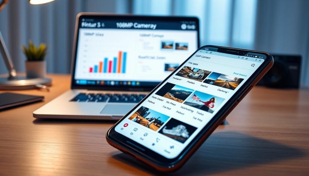 A modern smartphone displayed prominently in the foreground, showcasing an open file management app with various images and videos organized in neat folders. The smartphone's sleek design reflects a high-tech aesthetic, emphasizing its 108MP camera features. In the middle ground, a stylized desk setup includes a laptop displaying data graphs about file sizes and storage capacity, demonstrating practical considerations for users. The background subtly depicts a tech-savvy office environment with soft lighting creating a professional atmosphere. A close-up perspective highlights the smartphone's screen while maintaining a blurred effect on the surroundings, giving focus to the idea of efficient storage management. The mood is informative and engaging, ideal for a tech-themed article. A modern smartphone displayed prominently in the foreground, showcasing an open file management app with various images and videos organized in neat folders. The smartphone's sleek design reflects a high-tech aesthetic, emphasizing its 108MP camera features. In the middle ground, a stylized desk setup includes a laptop displaying data graphs about file sizes and storage capacity, demonstrating practical considerations for users. The background subtly depicts a tech-savvy office environment with soft lighting creating a professional atmosphere. A close-up perspective highlights the smartphone's screen while maintaining a blurred effect on the surroundings, giving focus to the idea of efficient storage management. The mood is informative and engaging, ideal for a tech-themed article.