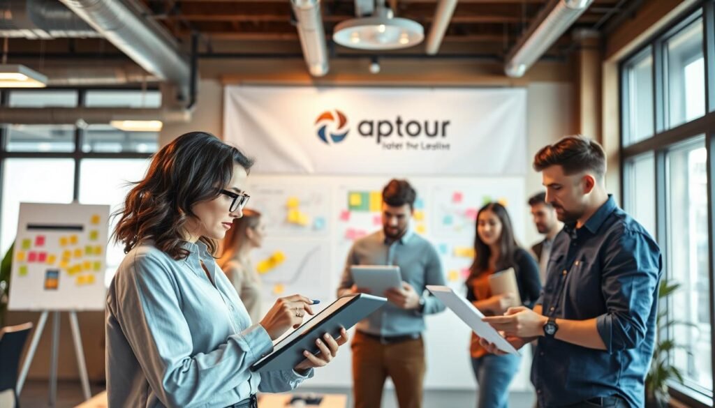 A modern tech startup office space, depicting a diverse group of professionals engaged in dynamic discussions about innovative product designs. In the foreground, a thoughtful female engineer sketches ideas on a digital tablet, while a male software developer analyzes data on a laptop. Bright, warm lighting enhances a collaborative atmosphere, with high ceilings and large windows letting in natural light. The middle ground shows interactive whiteboards filled with vibrant diagrams and sticky notes. In the background, a banner highlights the startup's logo, showcasing their latest product innovation. The scene conveys a sense of excitement and creativity, embodying the spirit of cutting-edge technology and entrepreneurship.