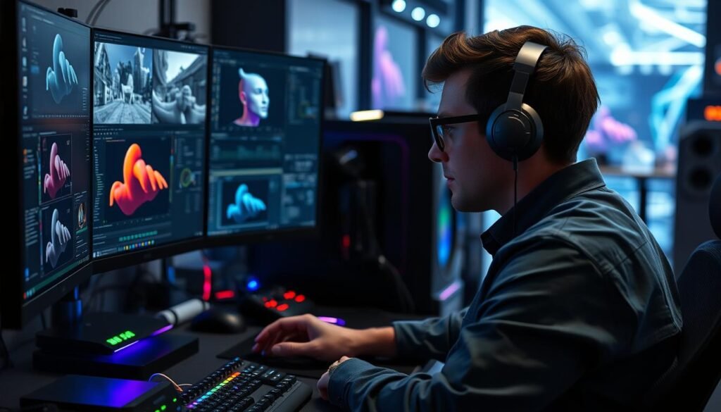 A professional 3D artist working intensely on a high-end workstation, surrounded by multiple monitors displaying complex Blender workflows. In the foreground, the artist, wearing smart casual attire, is focused on a detailed rendering project, with vibrant colors reflecting from the screens. In the middle ground, the workstation is cluttered with technical gadgets, RGB lighting illuminating the setup, showcasing an advanced A620 chipset alongside the impressive 96GB DDR5-5200 RAM modules. The background features a blurred futuristic workspace, with subtle hints of architectural designs and animated elements that emphasize creativity and productivity. The lighting is soft but vivid, creating an atmosphere of innovation and inspiration, capturing the essence of powerful rendering without page file usage in Blender.