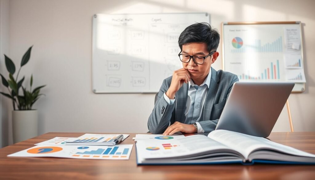 A professional workspace with a modern desk set against a calming, well-lit background. In the foreground, a thoughtful person in business attire, a middle-aged Asian man, is intently analyzing data on a sleek laptop. On the desk, there are colorful charts, graphs, and an open notebook filled with practical math solutions. The middle ground features a whiteboard with neatly arranged diagrams illustrating counting strategies. Soft natural light streams in from a large window, creating a warm, inviting atmosphere. The overall mood is one of productivity and clarity, suggesting innovative problem-solving techniques for overcoming computational limitations. The composition is balanced, with the focus on the individual and their work environment, captured with a slight depth of field to emphasize the main subject. A professional workspace with a modern desk set against a calming, well-lit background. In the foreground, a thoughtful person in business attire, a middle-aged Asian man, is intently analyzing data on a sleek laptop. On the desk, there are colorful charts, graphs, and an open notebook filled with practical math solutions. The middle ground features a whiteboard with neatly arranged diagrams illustrating counting strategies. Soft natural light streams in from a large window, creating a warm, inviting atmosphere. The overall mood is one of productivity and clarity, suggesting innovative problem-solving techniques for overcoming computational limitations. The composition is balanced, with the focus on the individual and their work environment, captured with a slight depth of field to emphasize the main subject.