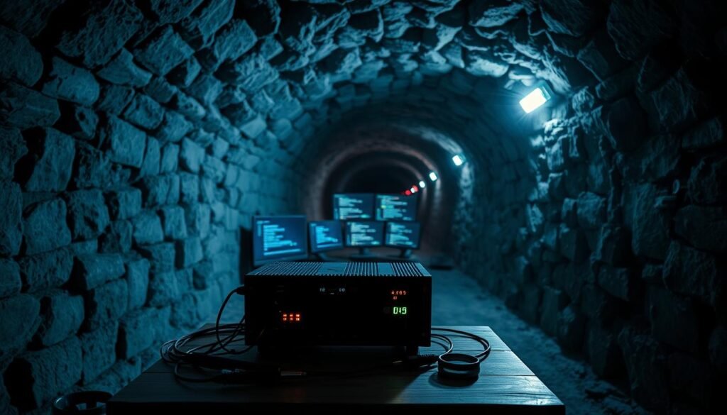 A remote tunnel constructed from rugged, weathered stone, illuminated by eerie, flickering overhead lights casting long shadows. In the foreground, a secure-looking electronic device with blinking lights sits on a simple wooden table, surrounded by cables and tools indicative of hacking activity. The middle scene shows a series of monitors displaying cryptic data streams and code, highlighting the technological aspect of a remote connection. In the background, the tunnel fades into darkness with faint glowing circuit patterns etched onto the walls, suggesting a hidden network. The overall atmosphere is mysterious and tense, evoking a sense of intrigue and caution, with a cool color palette dominated by blues and grays. A remote tunnel constructed from rugged, weathered stone, illuminated by eerie, flickering overhead lights casting long shadows. In the foreground, a secure-looking electronic device with blinking lights sits on a simple wooden table, surrounded by cables and tools indicative of hacking activity. The middle scene shows a series of monitors displaying cryptic data streams and code, highlighting the technological aspect of a remote connection. In the background, the tunnel fades into darkness with faint glowing circuit patterns etched onto the walls, suggesting a hidden network. The overall atmosphere is mysterious and tense, evoking a sense of intrigue and caution, with a cool color palette dominated by blues and grays.