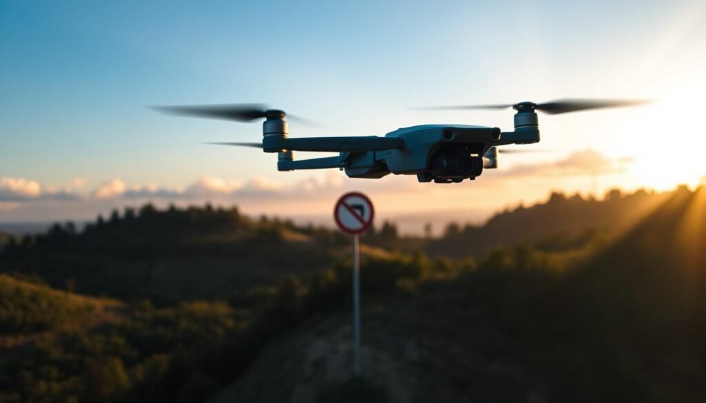 A serene aerial landscape highlighting various restricted areas for drone flight, showcasing a vibrant but controlled environment. In the foreground, a detailed drone hovering, equipped with advanced sensors and cameras. In the middle ground, a delineated no-fly zone sign surrounded by natural barriers like trees and hills, symbolizing safety. The background features a clear blue sky fading to golden hues, suggesting dawn or dusk. Captivating sunlight beams through the clouds, creating dramatic shadows on the ground. The mood is contemplative yet informative, emphasizing the importance of respecting airspace regulations. The angle is slightly tilted to capture both the drone and the restricted area signs effectively. No people are present in the image. A serene aerial landscape highlighting various restricted areas for drone flight, showcasing a vibrant but controlled environment. In the foreground, a detailed drone hovering, equipped with advanced sensors and cameras. In the middle ground, a delineated no-fly zone sign surrounded by natural barriers like trees and hills, symbolizing safety. The background features a clear blue sky fading to golden hues, suggesting dawn or dusk. Captivating sunlight beams through the clouds, creating dramatic shadows on the ground. The mood is contemplative yet informative, emphasizing the importance of respecting airspace regulations. The angle is slightly tilted to capture both the drone and the restricted area signs effectively. No people are present in the image.