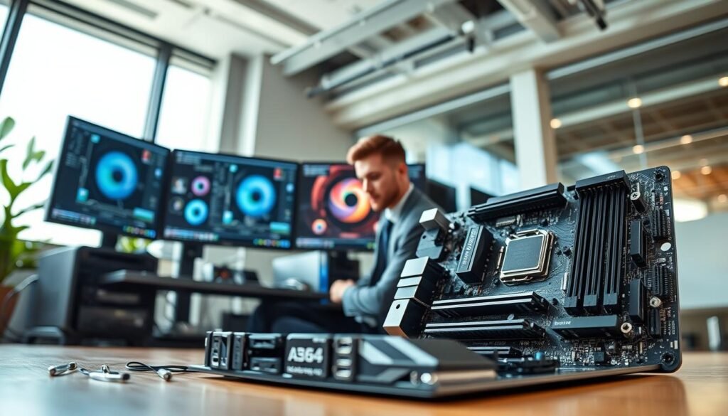 A sleek A620 motherboard is placed prominently in the foreground, showcasing its advanced features and aesthetic design, with distinctive cooling elements and slots for 96GB DDR5-5200 RAM. In the middle ground, a powerful workstation is depicted, featuring multiple high-resolution monitors displaying intricate Blender renderings, with a creative professional in smart casual attire focused on the screen. The background fades softly into a modern office environment, illuminated by natural light streaming through a large window, highlighting the cutting-edge technology. The overall atmosphere conveys innovation and creativity, emphasizing a high-tech ambiance with a sense of professionalism. The composition is captured with a slight fisheye effect to enhance depth, emphasizing the motherboard’s importance in creative content creation.