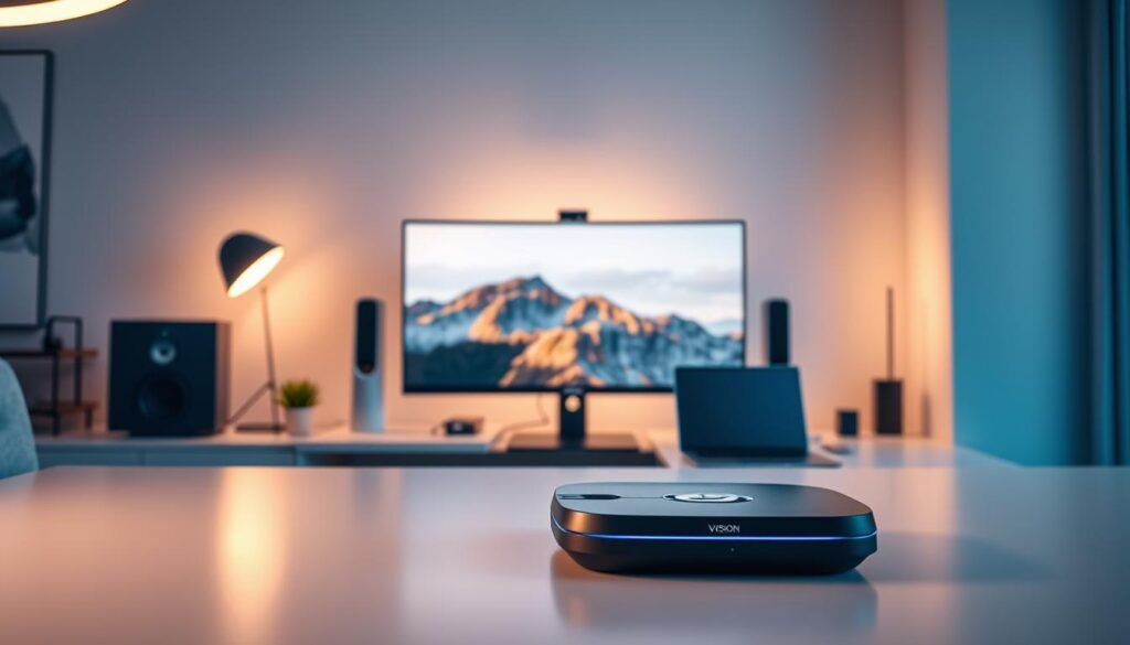 A sleek and modern workspace featuring the "Konektivitas Vision Pro," an innovative, wireless device. In the foreground, the Vision Pro is displayed prominently on a minimalist desk, showcasing its advanced design and connectivity features. In the middle ground, a high-resolution monitor connects seamlessly to a MacBook, illustrating a productive environment. Soft ambient lighting fills the scene, creating a warm and inviting atmosphere. The background features subtle tech elements, like cable management systems and smart home devices, emphasizing the theme of integration. The angle is slightly elevated, providing a dynamic perspective that captures the essence of modern connectivity. The overall mood is professional yet approachable, reflecting a cutting-edge approach to technology.