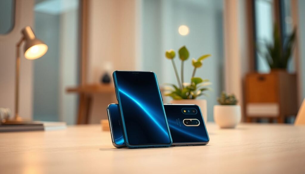 A sleek and premium vivo V60 5G smartphone, showcasing its stunning design, prominently displayed in the foreground. The device has an elegant glass back with a gradient finish in shades of blue and silver, emphasizing its modern aesthetic. In the middle ground, soft-focus elements such as a minimalist wooden desk and a potted plant set a sophisticated atmosphere. The background features a softly blurred room with warm lighting, highlighting the smartphone's sleek contours and shiny edges. Capture this scene from a low angle to accentuate the smartphone’s stature and premium feel. The image conveys a sense of innovation and power, reflecting the robust 6500mAh battery and impressive performance specifications. No text or logos in the image, just a seamless blend of technology and elegance.