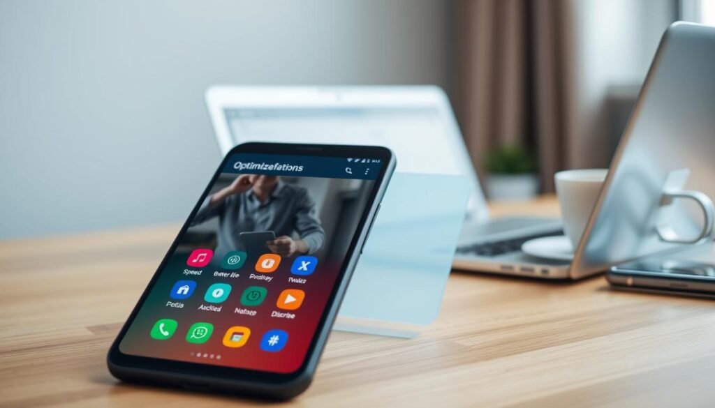 A sleek, modern smartphone screen displaying an Android interface, showcasing optimization features. In the foreground, vibrant app icons representing speed, battery life, and performance enhancements are highlighted. The middle layer features an open device with a glowing screen, showing a professional user adjusting settings for peak performance. The background is a softly blurred workspace with a laptop, a cup of coffee, and natural light filtering through a window, creating a warm and productive atmosphere. The overall mood is focused and encouraging, emphasizing the idea of rejuvenating an old device with new capabilities. Use soft lighting to enhance the modern aesthetic, captured with a slight angle to reveal the dynamic features of the Android interface.