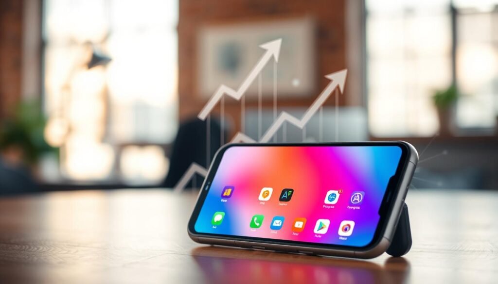 A sleek, modern smartphone sits prominently in the foreground, showcasing its vibrant, optimized screen displaying a smooth user interface. The device is surrounded by subtle visual elements representing efficiency: icons of popular apps in a clean and organized layout. In the middle ground, there is a gentle blur of abstract tech graphics, symbolizing speed and performance enhancements, such as upward arrows and gears. The background features a soft-focus office environment with warm, natural lighting, adding a sense of productivity and focus. The mood is energetic yet calm, evoking a feeling of control over technology. Opt for a slight tilt-angle perspective, creating dynamic depth, and ensure the scene feels polished and professional, suitable for a technology article.