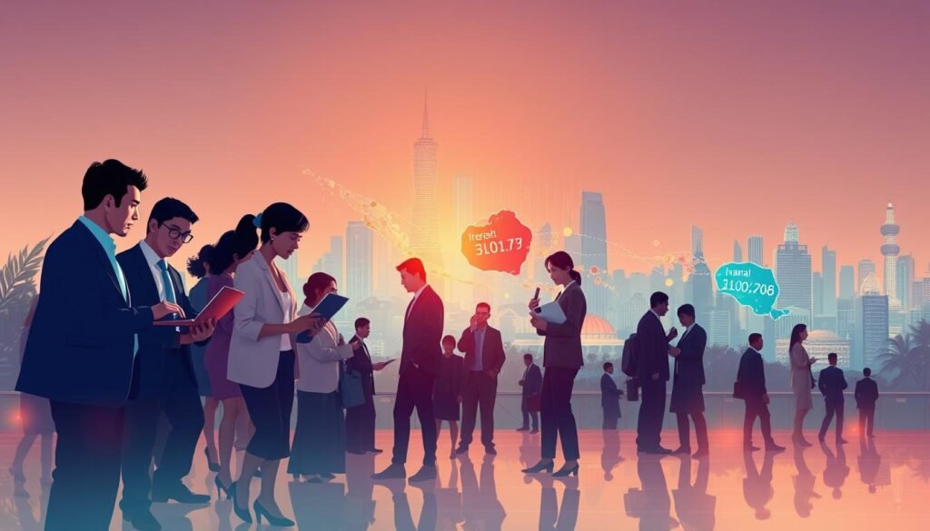 A vibrant and dynamic illustration capturing the current state of internet connectivity in Indonesia. In the foreground, show a diverse group of professionals in business attire engaged with technology—some using laptops and mobile devices, others discussing data in small groups. The middle ground features a stylized representation of a digital map of Indonesia, highlighting urban areas with fast internet speeds and rural areas with slower connectivity, depicted in contrasting colors. In the background, a skyline of Jakarta can be seen, symbolizing technological advancement and progress. Soft, ambient lighting creates an optimistic atmosphere, suggesting growth and potential. Use a wide-angle lens perspective to enhance depth, focusing on the interplay of technology and humanity in accessing internet data. The overall mood should reflect a sense of connectivity and the importance of bridging the digital divide. A vibrant and dynamic illustration capturing the current state of internet connectivity in Indonesia. In the foreground, show a diverse group of professionals in business attire engaged with technology—some using laptops and mobile devices, others discussing data in small groups. The middle ground features a stylized representation of a digital map of Indonesia, highlighting urban areas with fast internet speeds and rural areas with slower connectivity, depicted in contrasting colors. In the background, a skyline of Jakarta can be seen, symbolizing technological advancement and progress. Soft, ambient lighting creates an optimistic atmosphere, suggesting growth and potential. Use a wide-angle lens perspective to enhance depth, focusing on the interplay of technology and humanity in accessing internet data. The overall mood should reflect a sense of connectivity and the importance of bridging the digital divide.