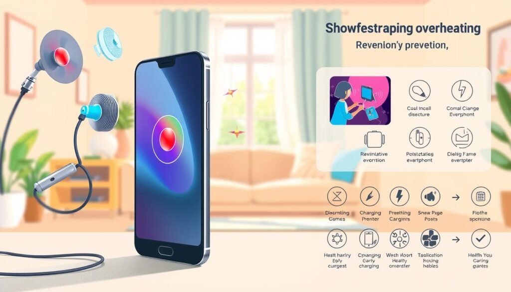 A vibrant and informative illustration showcasing methods to prevent smartphone overheating. In the foreground, a sleek, modern smartphone is depicted with a visible thermometer indicating a safe temperature. Surrounding the phone are visual representations of prevention techniques, such as a cooling fan, a charging cable disconnecting, and an image of a user playing games in a well-ventilated area. The middle ground features a serene indoor environment—perhaps a cozy living room with soft natural light filtering through a window, emphasizing a comfortable setting. In the background, a subtle infographic displays icons of healthy charging habits and tips, enhancing the educational value. The overall atmosphere is light and educational, encouraging responsible smartphone usage without overcrowding the image. A vibrant and informative illustration showcasing methods to prevent smartphone overheating. In the foreground, a sleek, modern smartphone is depicted with a visible thermometer indicating a safe temperature. Surrounding the phone are visual representations of prevention techniques, such as a cooling fan, a charging cable disconnecting, and an image of a user playing games in a well-ventilated area. The middle ground features a serene indoor environment—perhaps a cozy living room with soft natural light filtering through a window, emphasizing a comfortable setting. In the background, a subtle infographic displays icons of healthy charging habits and tips, enhancing the educational value. The overall atmosphere is light and educational, encouraging responsible smartphone usage without overcrowding the image.