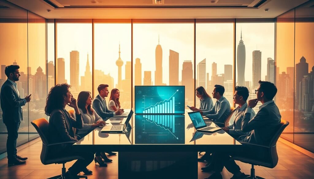 A vibrant scene depicting the impact of Sequoia's funding on Indonesia's startup ecosystem. In the foreground, a diverse group of enthusiastic entrepreneurs, dressed in professional business attire, engage in dynamic discussions around a sleek, modern conference table. In the middle ground, digital screens showcase innovative tech products and graphs symbolizing growth and investment, while a large window reveals a bustling city skyline representing Jakarta. The background features silhouettes of iconic Indonesian landmarks intertwined with high-tech elements, symbolizing the blend of tradition and innovation. Warm, natural lighting floods the room, creating an inspiring and optimistic atmosphere. The composition focuses on collaboration and advancement, capturing the transformative energy of investment in the local startup scene.