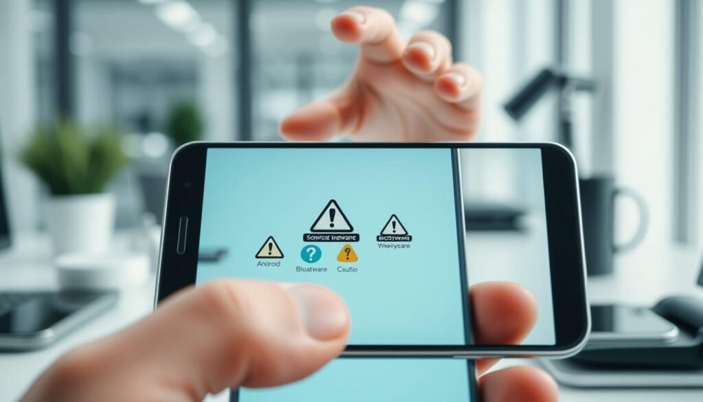 A visual representation centered around a collection of Samsung apps that caution users. In the foreground, display a mobile phone screen showcasing several Android app icons labeled with warning symbols, each icon symbolizing bloatware. The middle ground features a blurred view of a user's hand reaching towards the phone, emphasizing interaction and caution. The background reveals a modern, tech-savvy environment, perhaps an office desk with sleek gadgets, subtly lit to create a professional ambiance. The lighting should be bright but soft, casting gentle reflections on the phone screen to symbolize clarity and awareness. The mood should convey vigilance and critical evaluation.