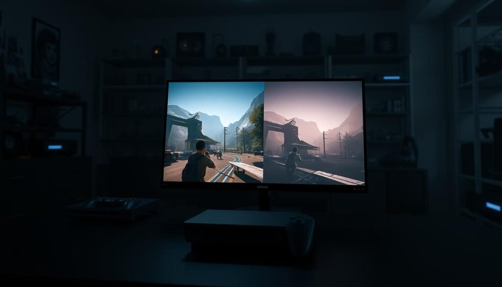 A visually striking image illustrating the challenges of ray tracing on consoles. In the foreground, a console system sits on a sleek gaming desk alongside a high-end monitor displaying a beautifully detailed game scene with ray tracing effects, showcasing realistic lighting and reflections. The middle ground features a side-by-side comparison of the same scene rendered without ray tracing, highlighting visual sacrifices such as jagged edges and flat lighting. The background should depict a dimly lit gaming room filled with gaming paraphernalia, casting soft shadows and creating a moody atmosphere. Use dramatic lighting to emphasize the contrast between the two rendering methods, with a cinematic focus on the console and monitor, evoking a sense of technological excitement and challenge.
