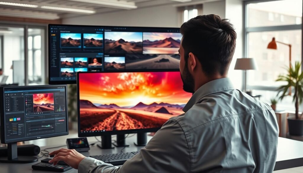 A visually stunning workspace dedicated to photo optimization, featuring a sleek computer setup with a high-resolution monitor displaying various edited 4K images. In the foreground, an individual dressed in professional attire is attentively reviewing image settings and adjustments, surrounded by tools such as color correction software and filters. The middle ground shows a large, vibrant display of before-and-after images highlighting the effects of enhancing quality through editing. The background reveals modern office decor with soft, natural lighting filtering through a window, creating a bright and inviting atmosphere. The overall mood is focused and inspirational, emphasizing creativity and technological advancement in photo editing.