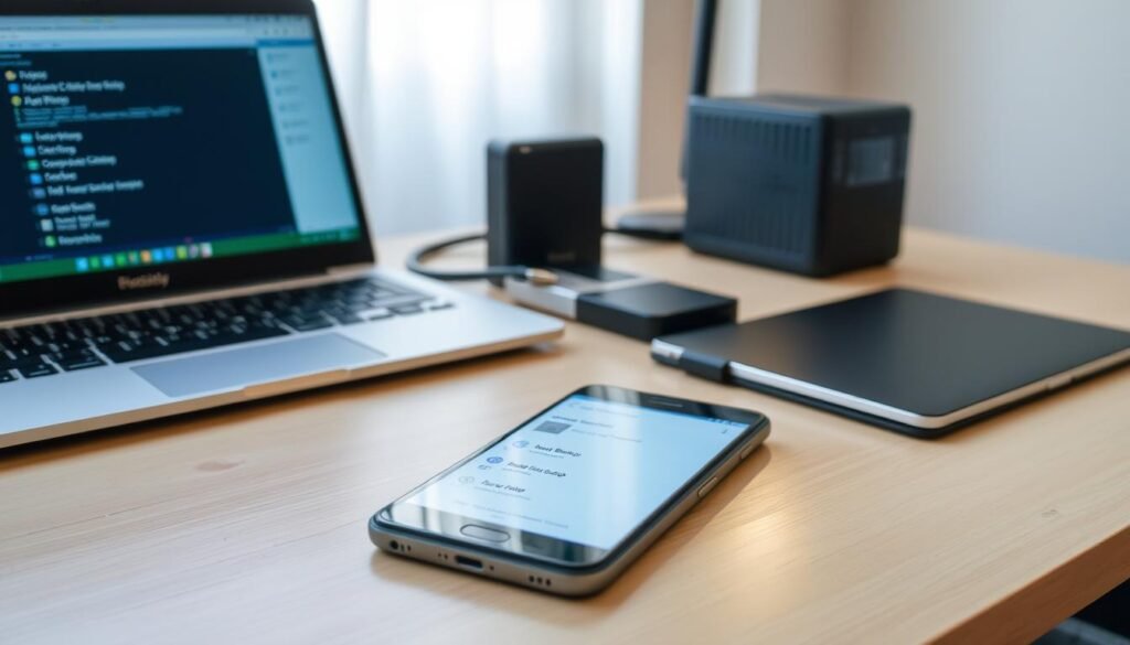 A well-organized workspace depicting the preparation for backing up data on an Android device. In the foreground, a modern smartphone is placed on a tidy desk, its screen lit up with a backup app open, showcasing clear icons for data backup options. To the left, a laptop displays file transfer progress, indicating a seamless connection. In the middle, an external hard drive and USB cables are neatly arranged, highlighting the tools for data backup. The background features soft natural lighting filtering through a window, creating a calm and focused atmosphere. The overall mood is one of productivity and readiness, emphasizing the importance of data security before performing an update.