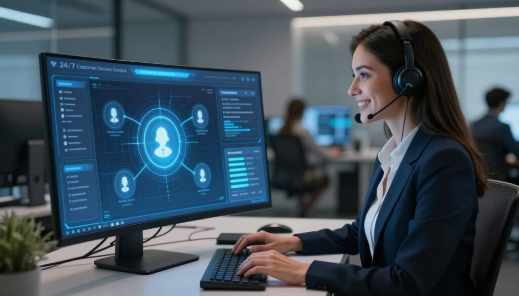 An advanced AI customer service agent interface, featuring a sleek, modern user interface on a computer screen. In the foreground, a professional businesswoman is engaged with the AI system, smiling and actively typing on a keyboard. She wears smart, professional attire. The middle ground showcases a high-tech office environment, with abstract digital displays and glowing UI elements illustrating automated customer interactions. In the background, subtle ambient lighting enhances the futuristic atmosphere, suggesting innovation and efficiency. The scene is captured with a slightly elevated angle, allowing for a clear view of both the agent and the vibrant interface, conveying a sense of professionalism and modernity in 24/7 customer service solutions. An advanced AI customer service agent interface, featuring a sleek, modern user interface on a computer screen. In the foreground, a professional businesswoman is engaged with the AI system, smiling and actively typing on a keyboard. She wears smart, professional attire. The middle ground showcases a high-tech office environment, with abstract digital displays and glowing UI elements illustrating automated customer interactions. In the background, subtle ambient lighting enhances the futuristic atmosphere, suggesting innovation and efficiency. The scene is captured with a slightly elevated angle, allowing for a clear view of both the agent and the vibrant interface, conveying a sense of professionalism and modernity in 24/7 customer service solutions.