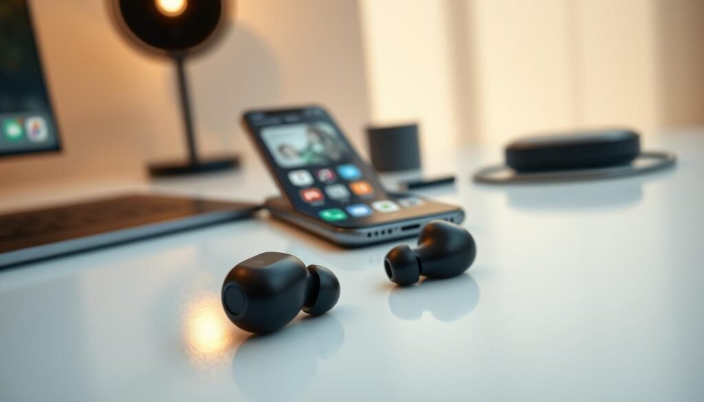 Foreground: A close-up view of the Xiaomi Redmi Buds 6 Active true wireless earbuds, displayed elegantly on a sleek, modern surface, highlighting their ergonomic design and glossy finish. The earbuds are partially open with a subtle light reflecting off their surface, showcasing their premium feel. Middle: A softly blurred image of a smartphone beside the earbuds, indicating connectivity, with various music app icons visible on the screen. Include a few essential accessories like a charging cable and a silicone case that enhance the presentation. Background: A minimalist workspace setting with soft, diffused lighting casting gentle shadows, creating a calm and inviting atmosphere. The colors should be warm and inviting, promoting a sense of connectivity and convenience associated with these earbuds. Mood: Professional yet relaxed, evoking a sense of innovation and everyday usability. The entire composition should communicate the quality and value of the Xiaomi Redmi Buds 6 Active as affordable audio