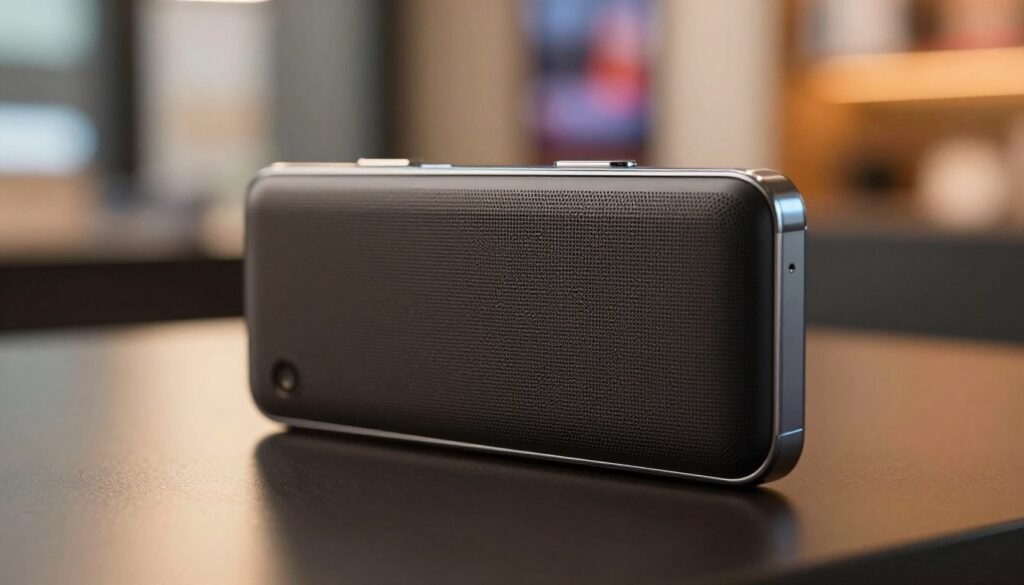 A close-up on a sleek, modern mid-range smartphone showcasing its powerful audio speaker. The device is positioned prominently in the foreground, angled slightly to highlight its elegant design and speaker grille. In the middle ground, soft ambient light reflects off a polished surface, creating a sophisticated atmosphere. The background features a subtle blur of urban elements, hinting at a vibrant city life. Warm, inviting tones dominate the scene, evoking a sense of enjoyment and connectivity through music and film. The image captures a moment of high-quality sound, emphasizing the smartphone's built-in audio capabilities without any text or distractions.