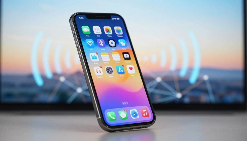 A modern smartphone displayed prominently in the foreground, showcasing its sleek design and vibrant screen with app icons for connectivity features like Wi-Fi, Bluetooth, and 5G. The middle ground features a stylized, blurred background with abstract representations of network connections and signal waves to emphasize connectivity. In the background, a subtle gradient of colors suggests a digital landscape, enhancing the tech atmosphere. Soft, natural lighting highlights the smartphone’s glossy finish, creating reflections and depth. The overall mood is dynamic and innovative, evoking a sense of advanced technology. The angle should be slightly tilted to provide an engaging perspective without any text or overlays.