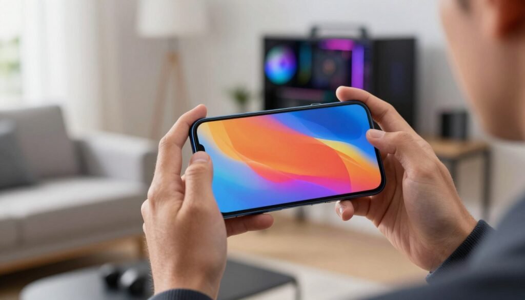 A sleek smartphone displaying its vibrant screen quality, highlighting rich colors and high resolution. In the foreground, focus on the smartphone held by a person in professional attire, demonstrating immersive watching and gaming experiences. In the middle ground, include a soft-focus view of a bright, modern living room, with ambient lighting that accentuates the device's clarity. The background features a stylish gaming setup with LED lights, hinting at an exciting gaming atmosphere. The overall mood is lively and engaging, emphasizing the visual appeal and dynamic interaction of the smartphone's display. Capture this scene with a natural light source emphasizing the device's screen while keeping the focus clear and sharp, suggesting high-quality imagery without any text or overlays.