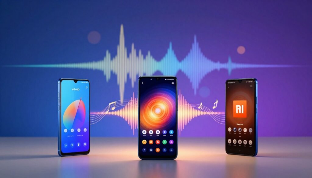 A visually striking composition focused on smartphones showcasing their audio features. In the foreground, feature three smartphones from Vivo, Samsung, and Xiaomi, elegantly positioned on a sleek surface. Each smartphone should have its screen turned on, displaying vibrant music and film interfaces. In the middle ground, depict sound waves and musical notes emanating from the devices, artistically represented in colorful, dynamic patterns, symbolizing their superior audio capabilities. The background should be a soft gradient of deep blues and purples, evoking a calm yet engaging atmosphere, with subtle bokeh effects to enhance depth. The lighting should be warm and inviting, creating a professional and sophisticated mood.